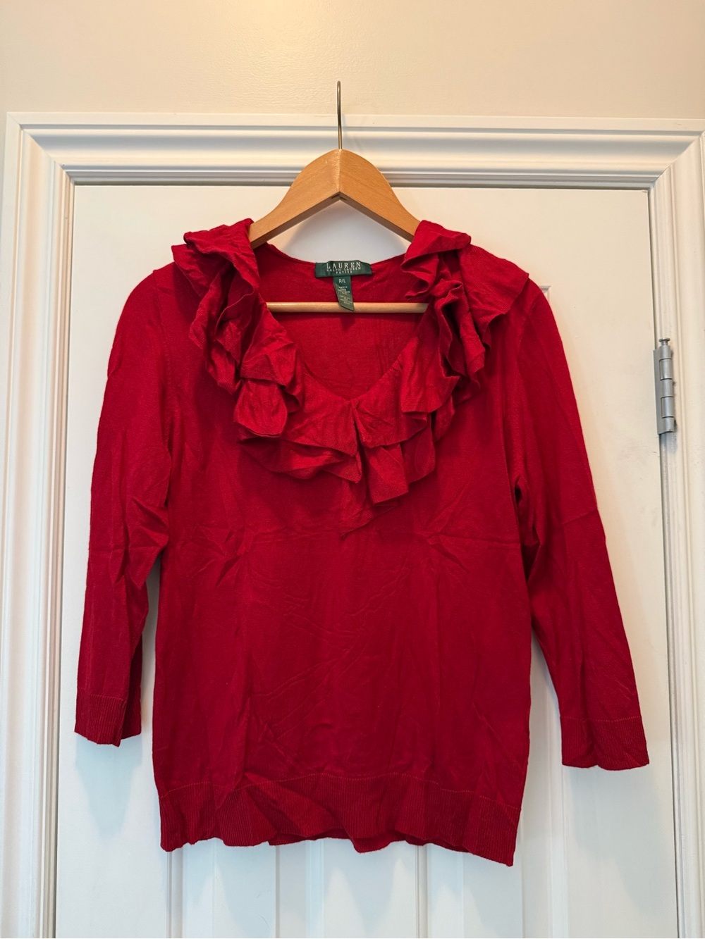 Ralph Lauren Red Ruffle V-Neck Sweater Top silk cotton blend LP